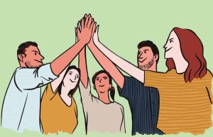Cartoon image of five characters attending a Team Building Group High Five